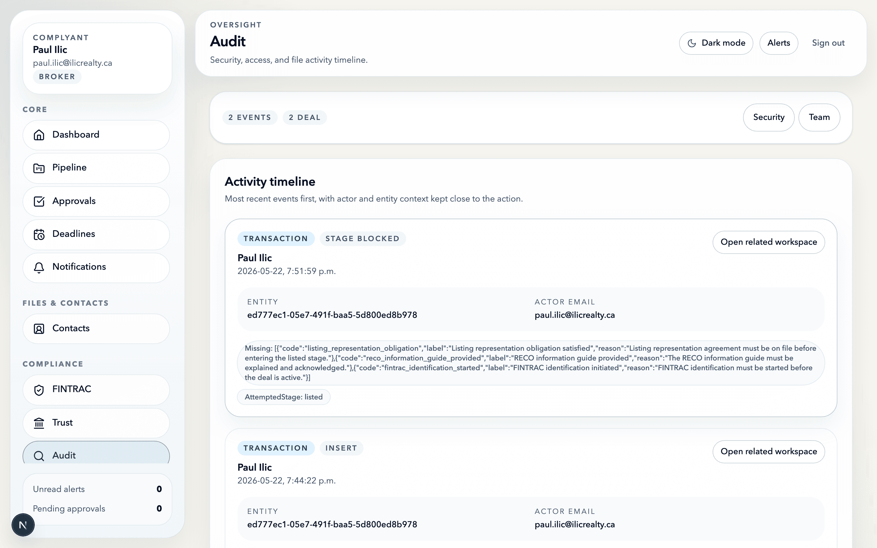 The Complyant audit timeline filtered to transaction events — a STAGE BLOCKED row whose JSON quotes FINTRAC s.6, RECO information guide, and REBBA s.32 listing representation reasons, with the actor email and entity UUID rendered inline.