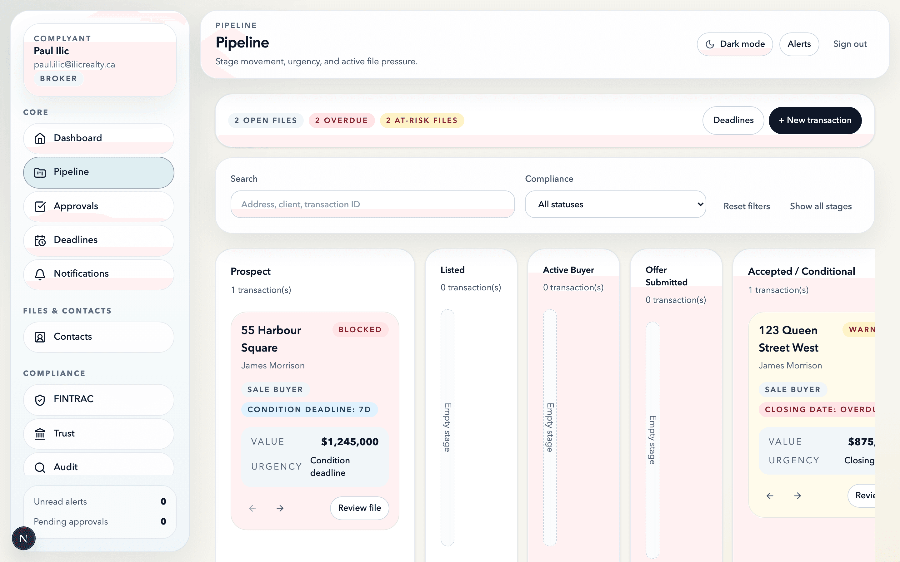 Complyant pipeline kanban showing transaction stages and at-risk files