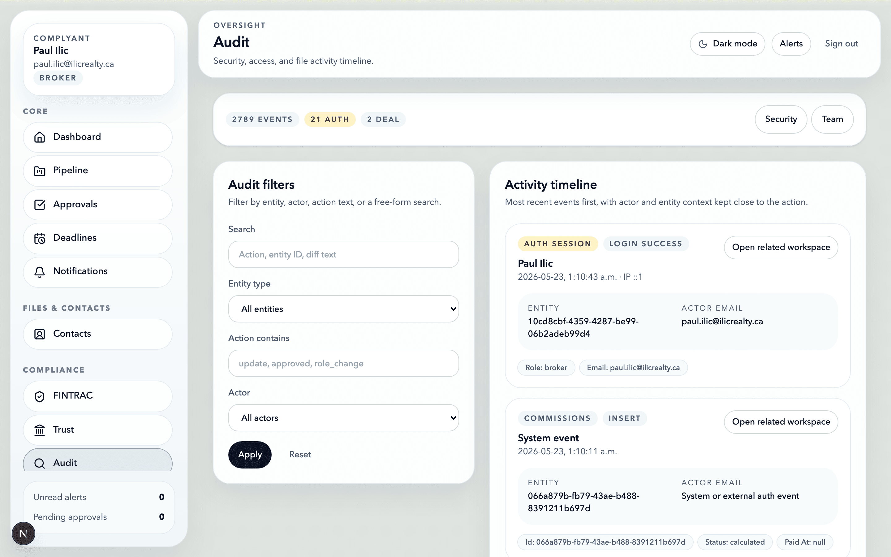 Complyant audit timeline with authenticated session events, UUIDs, and actor emails.